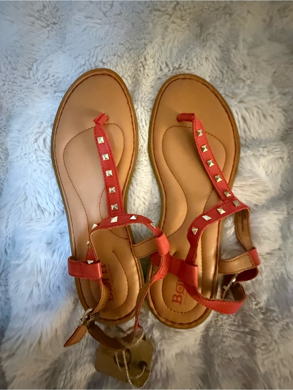 b.o.c. Red Pyramid-Stud T-Strap Sandals with Tan Footbed